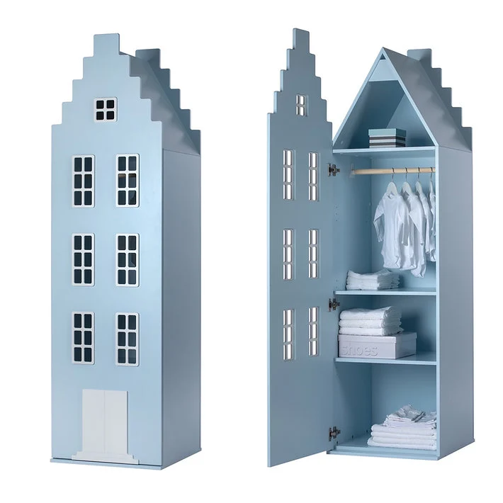 Armoire pour enfants, escalier d'entrée de maison, pignon, Amsterdam. Couleur : bleu hollandais.