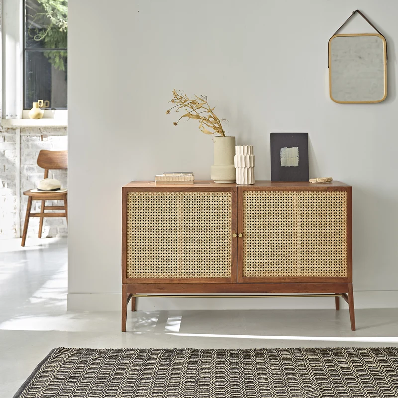 Buffet en acacia massif finition noyer et cannage 120 cm