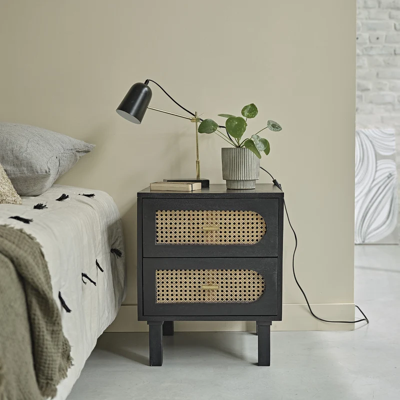Table de chevet en manguier massif et cannage 45 cm