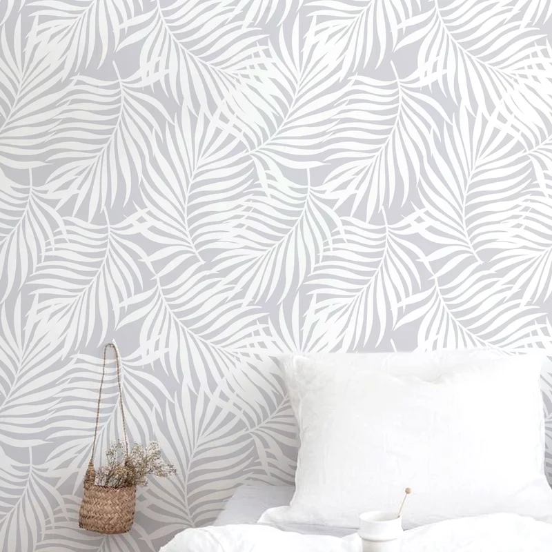 Papier peint vinyle adhésif à motif de feuilles tropicales, gris cendré 50x300 cm