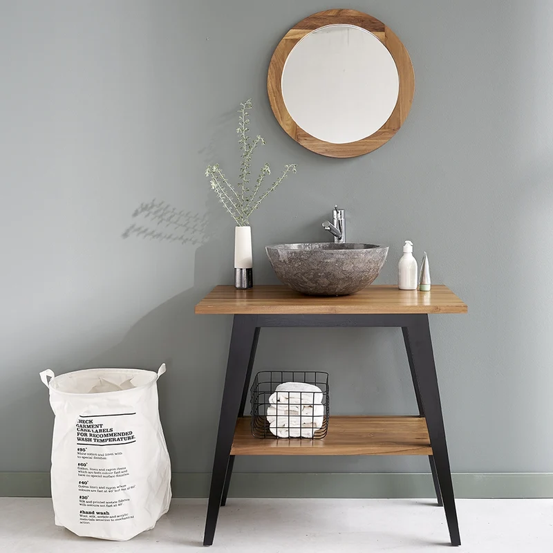 Meuble de salle de bain en teck massif pieds noirs 80 cm