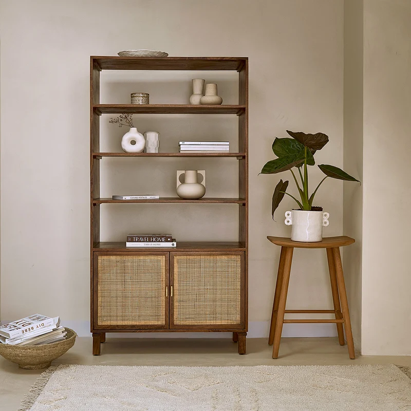 Bibliothèque en manguier et cannage finition noyer 170 cm