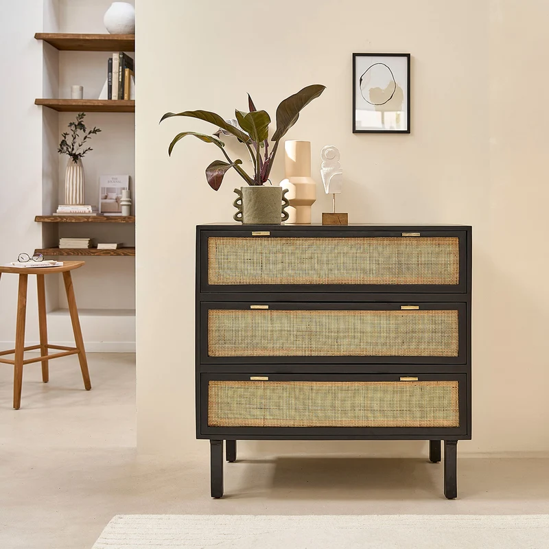 Commode en manguier massif et cannage noire 90 cm