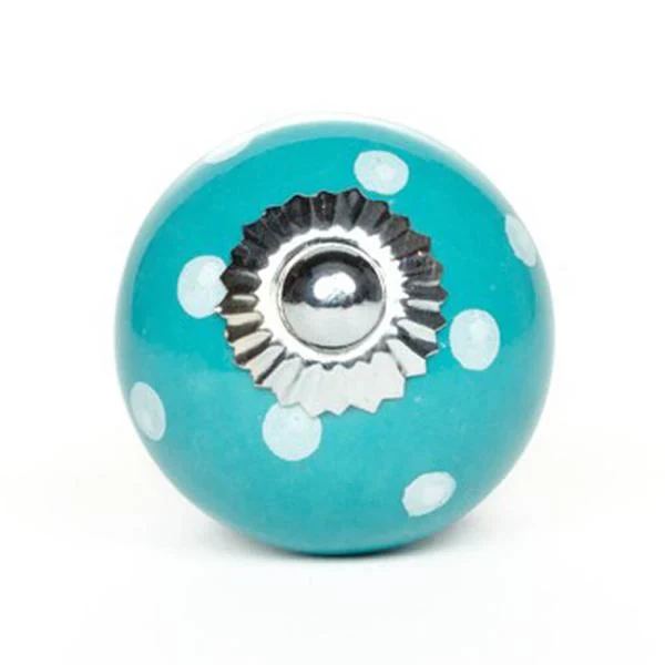 Petite poignée de porte en céramique turquoise à pois blancs