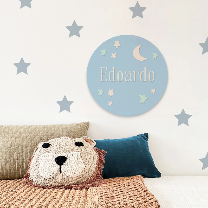 Rond en Acrylique Bleu Clair Lune et Etoiles - Prénom Personnalisable