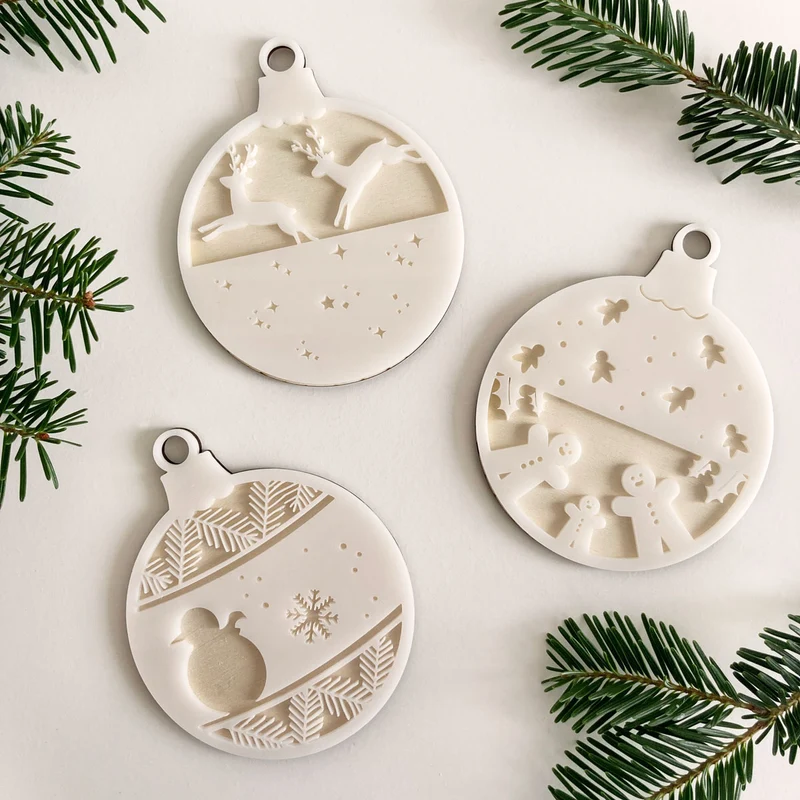 Set de 3 Boules de Noël Personnages de Noël en Bois et Acrylique