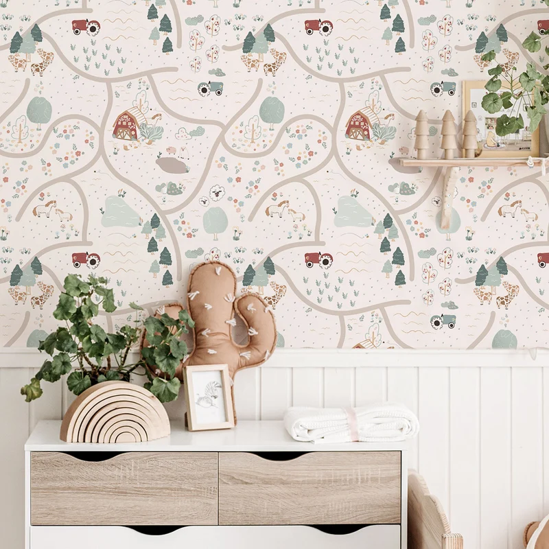 Papier peint adhésif vinyle carte de ferme heureuse multicolore 50x300 cm-Decochic
