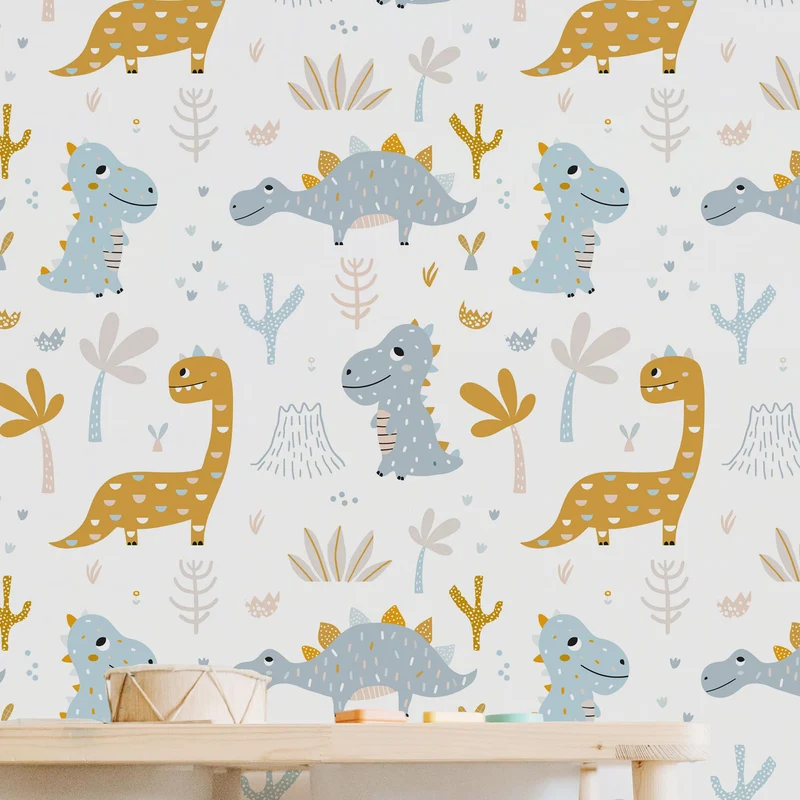 Papier peint adhésif vinyle dinosaures bleu clair et orange 50x300 cm-Decochic
