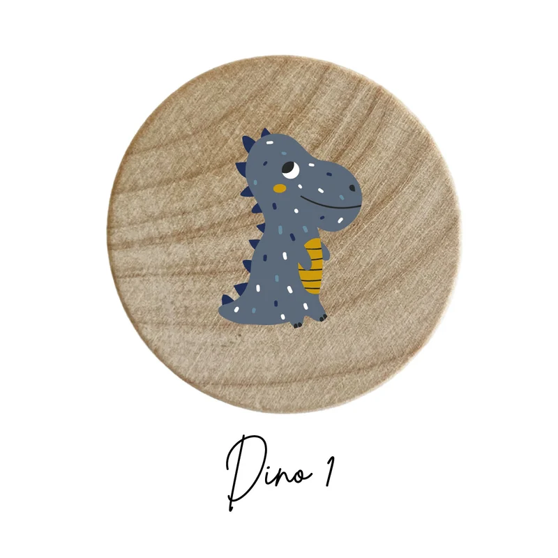 Bouton en bois avec motif dinosaure bleu et moutarde en relief - Plus de modèles disponibles