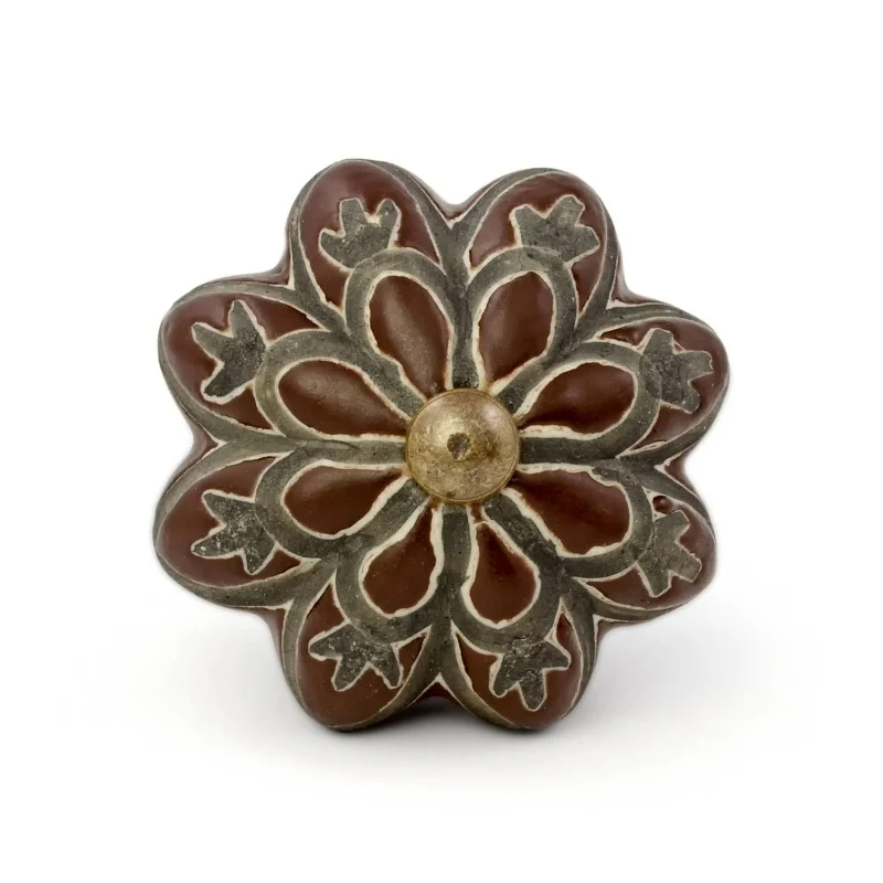 Grand Bouton Fleur en Céramique Marron
