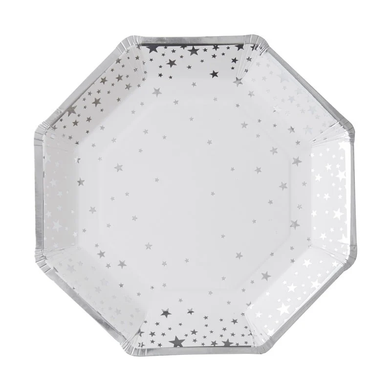 Assiettes blanches en papier étoile argent