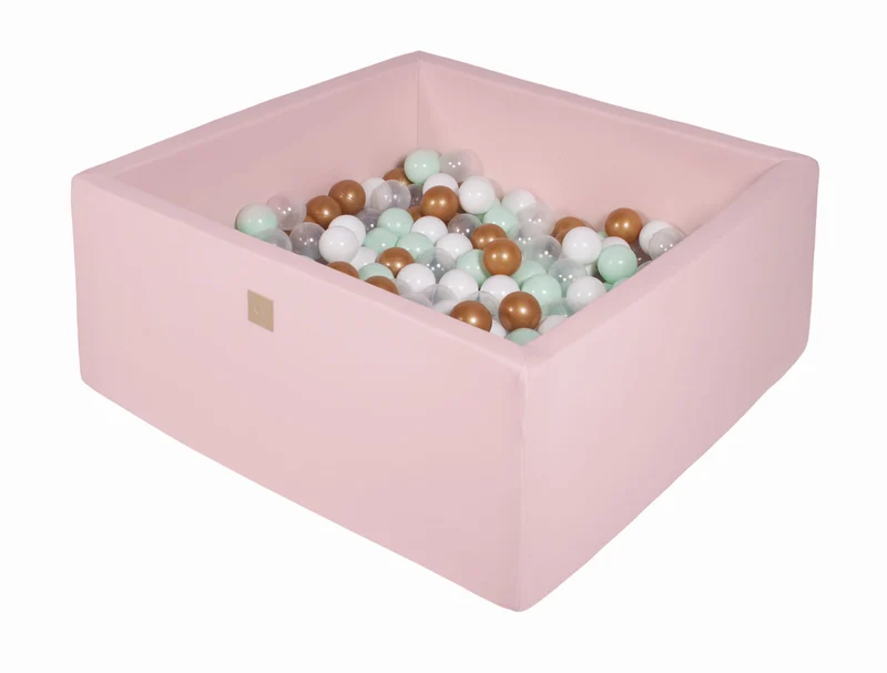 Piscine carrée rose avec boules MeowBaby blanches, dorées, transparentes et menthe