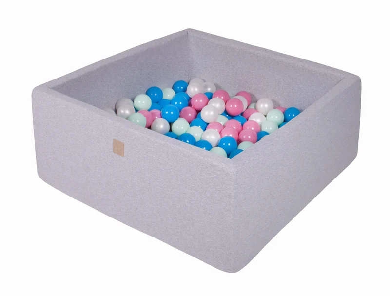 Piscine carrée avec boules MeowBaby bleues, blanches, roses et menthe