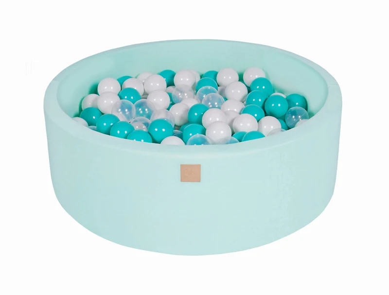 Piscine menthe avec boules MeowBaby turquoise, transparentes et blanches