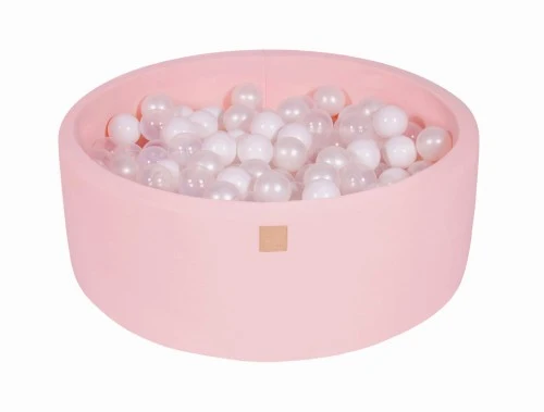 Piscine rose avec boules MeowBaby blanches, transparentes et blanc perle