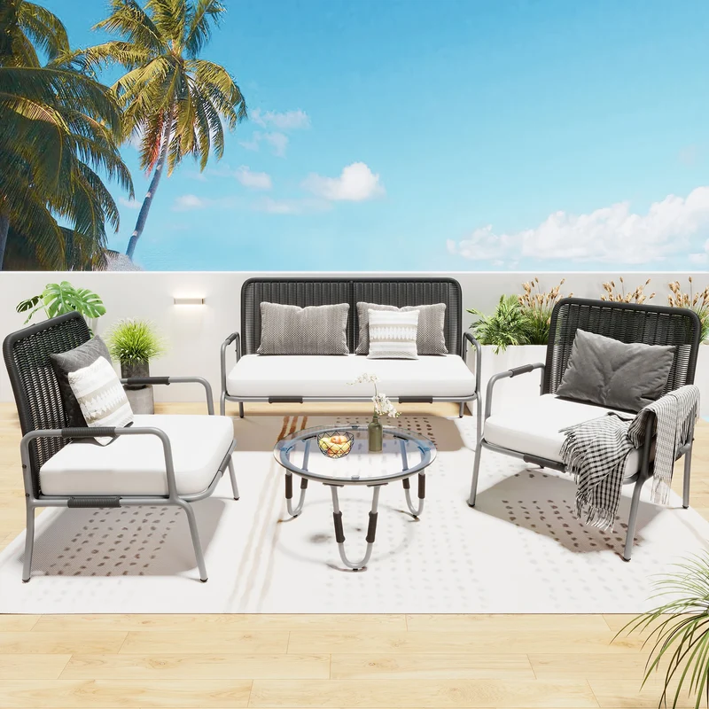 Poly Rattan Seating Group, Garden Furniture Seating Set garden Sets, garden Lounge for 4, with armchair, coffee table & Cushions