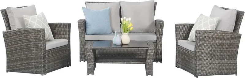 Wisteria Lane 4 Piece Outdoor Patio Furniture Set, Porch Deck Wicker Conversation Set, Grey Rattan Sofa Chair with Back Cushions