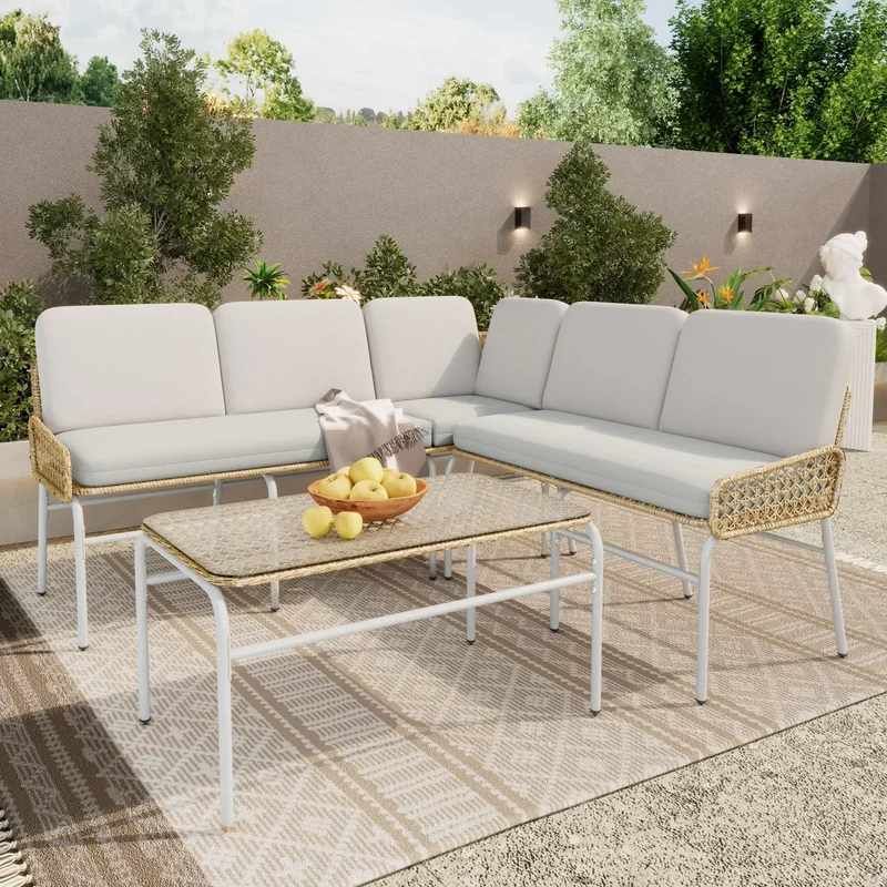 Poly rattan set, garden set, sofa lounge for 4-5 people, corner sofa, tempered glass, table & pads, apricot Gray, natural