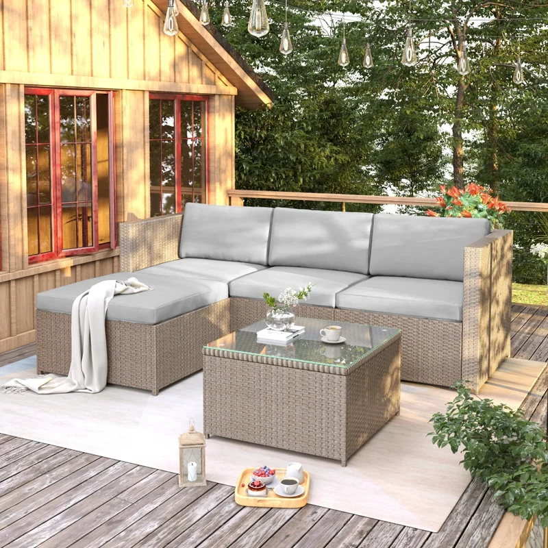 Poly rattan lounge sofa set, garden furniture, corner sofa with seat cushion and back cushion/lounge table with glass top