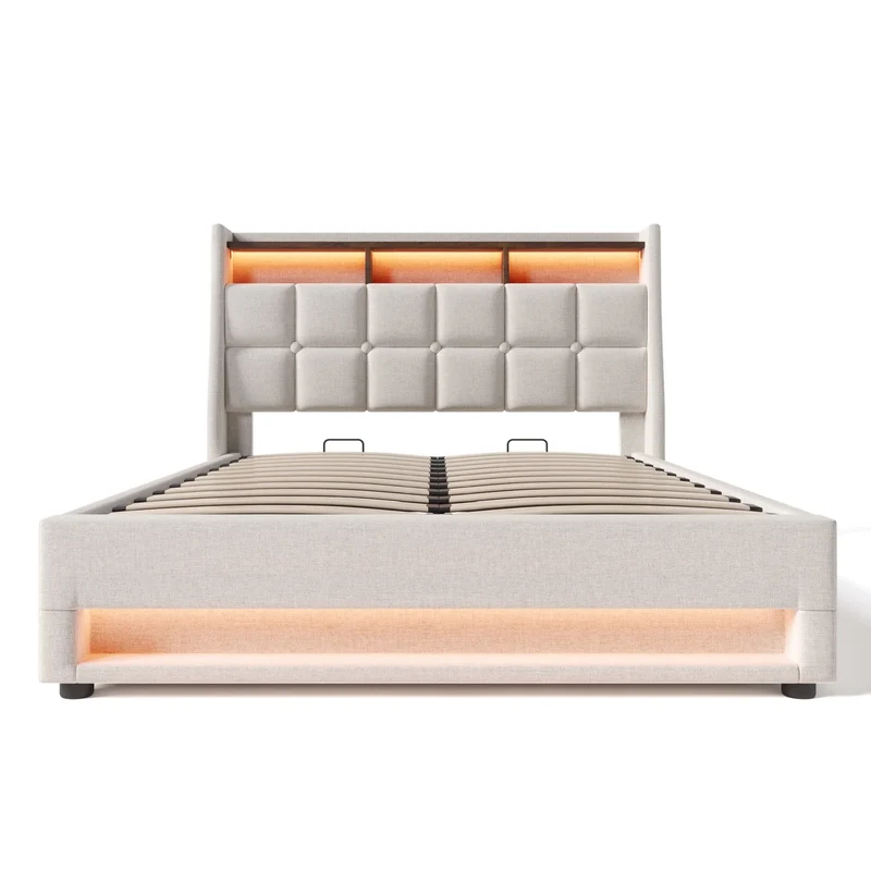 VSOGA Upholstered Bed with USB, 90/140/160/180 x 200 cm, LED Double Bed, Metal Slatted Frame, Linen (Mattress Not Included)