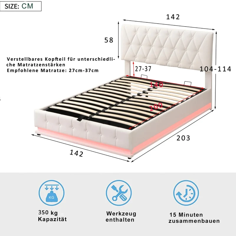 White Upholstered Bed, 140x200cm Double Bed, with Slatted Frame Artificial Leather Cover LED Lighting Hydraulically Liftable Bed