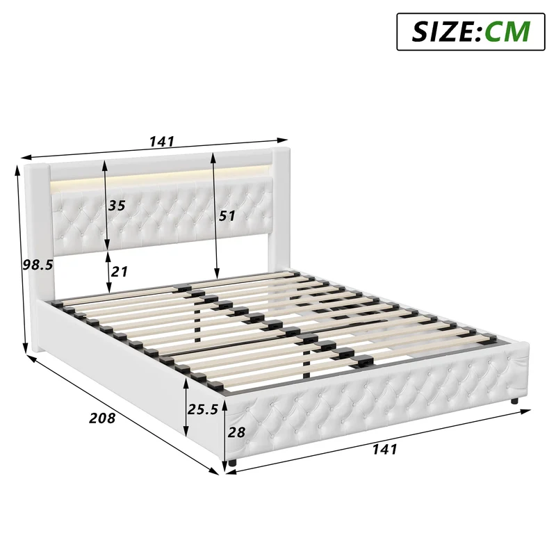 Upholstered Bed, Double Bed, PU Bedside Lamp, Hydraulic Functional Storage Bed, Headboard and Slatted Base, Padded Backrest