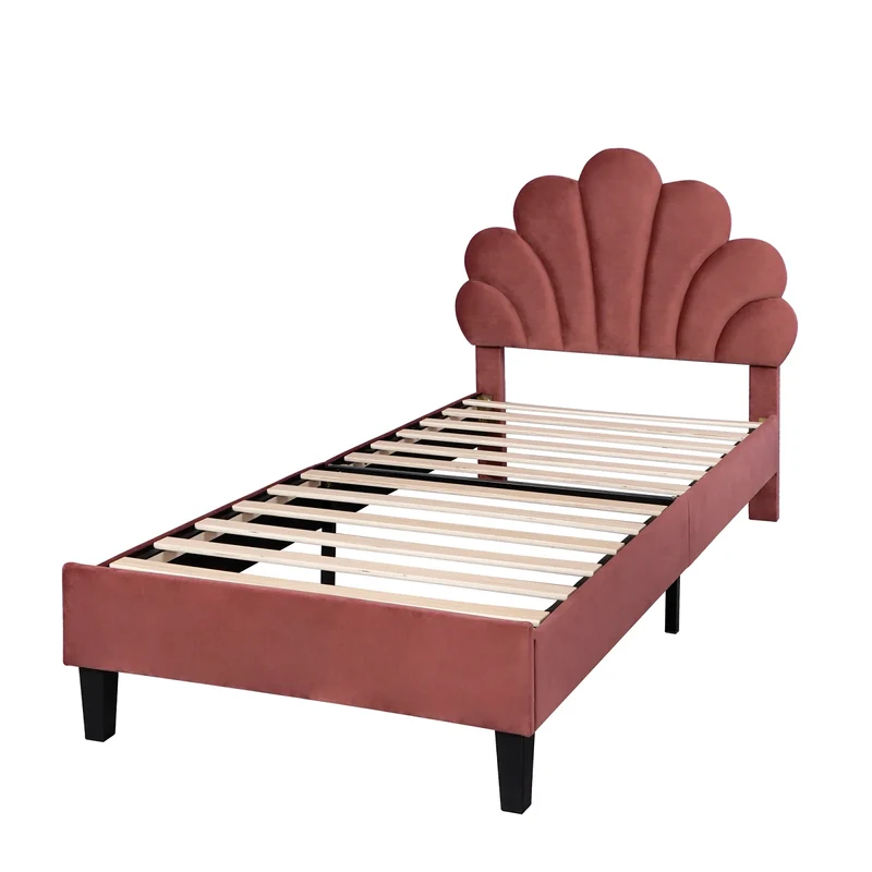 Youth Bed, Upholstered Bed, Skin-friendly Velvet Fabric, With Solid Flower-shaped Headboard and Slatted Frame, 90 x 200 cm