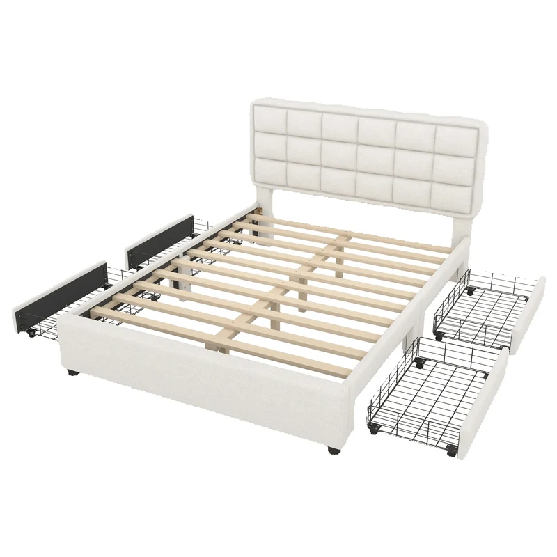 Upholstery bed, 140x200cm, bed with slatted frame (without mattress), bed with four drawers, minimalist style, linen, beige