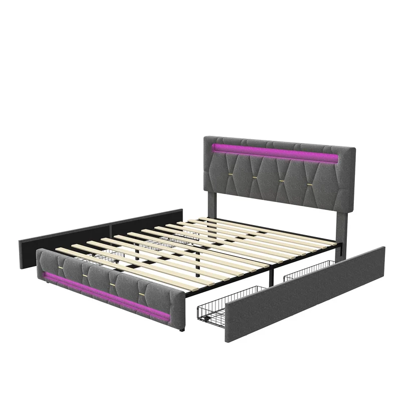 Upholstered Double Bed 140x200cm,LED Bed with 4 Drawers and Adjustable Headboard,Bed Frame with Wooden Slatted Frame,No Mattress