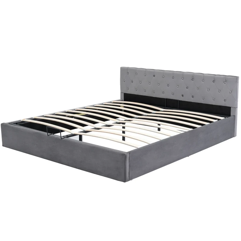 Upholstered Bed, Double Bed, Velvet Fabric, with Bed Box, Slatted Frame and Storage Space, Grey, 180 x 200 cm