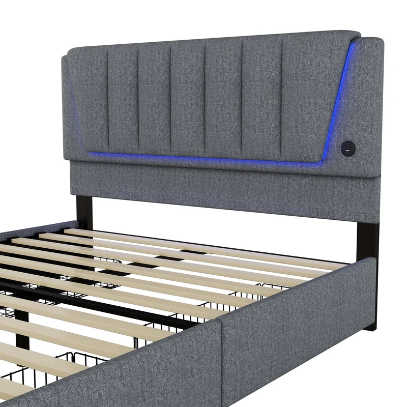 Upholstery bed, 160x200cm, bed with slatted frame (without mattress), remote control room light, bed with four drawers, adjustable