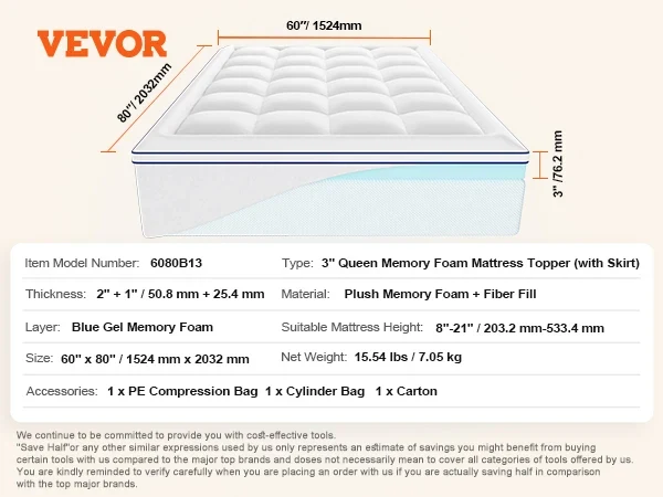 VEVOR Mattress Topper Queen Size 3 in / 4 in Thickness, Memory Foam & Fiber Fill, Ergonomically Designed for Pressure Relief