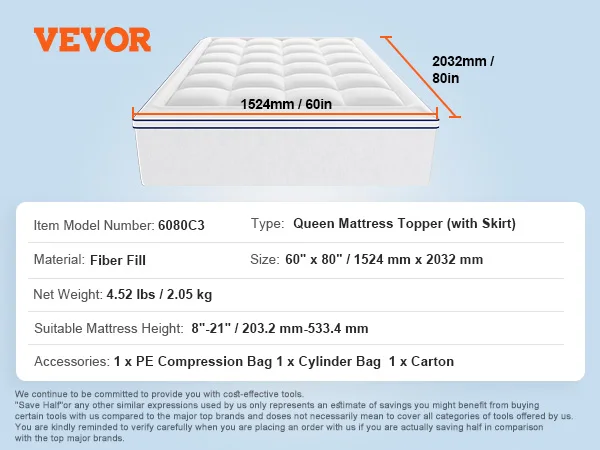 VEVOR Mattress Topper 1" Thickness Fiber Fill Pad with Detachable & Washable Layer, Detachable Bedside Pocket for Holding Items