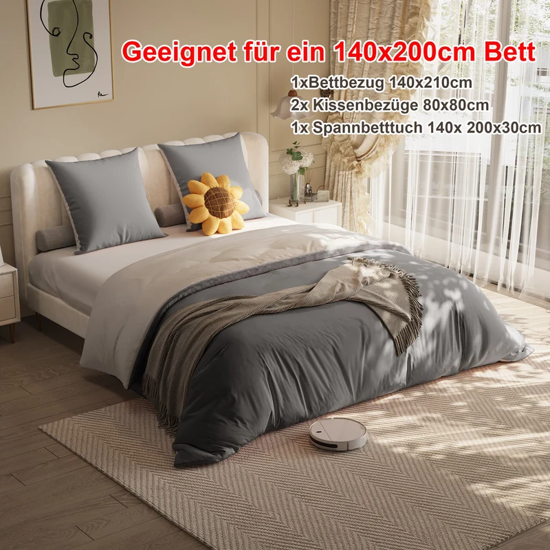 Bed Linen 4-Piece Bedding Sets,1 Duvet Cover 140x210cm & 2 Pillowcases 80x80cm & 1 Fitted Sheet 140x 200x30cm,Polyester,grey
