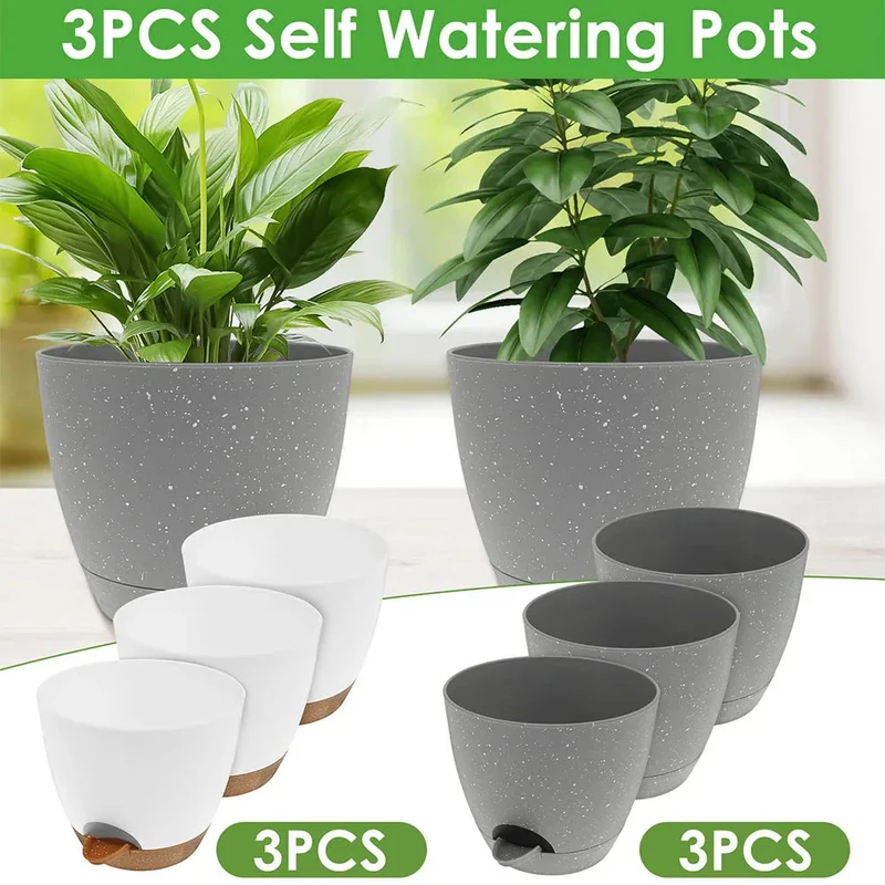 lot de 3 pots de fleurs auto-arrosants en plastique avec réservoir intégré