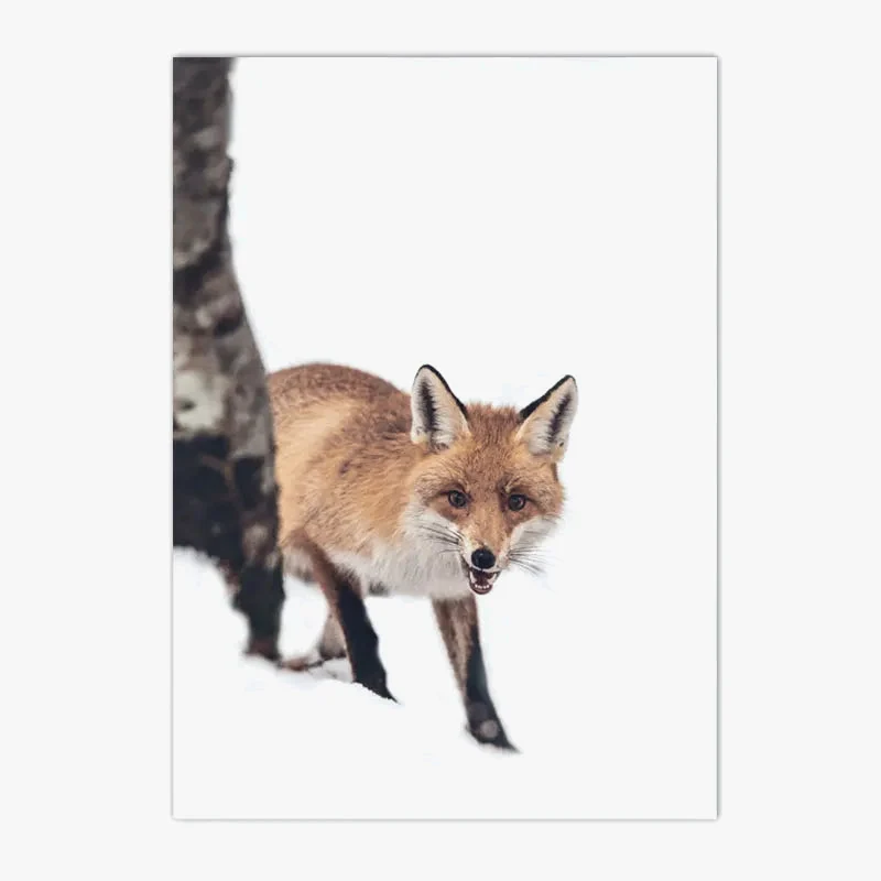 affiche murale forêt hiver avec renard hibou et cerf