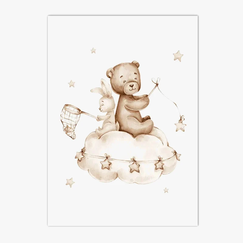 impression sur toile nuage lune lapin ours décoration nordique enfant