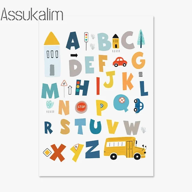toile murale personnalisée alphabet jouets voitures décoration enfant