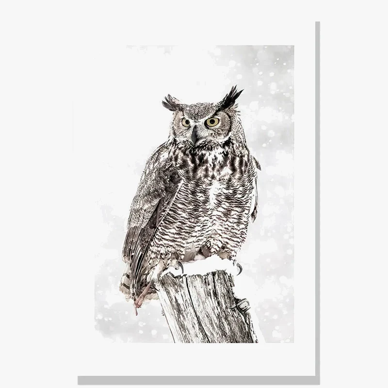 peinture nordique cerf hibou forêt neige matin décor mural