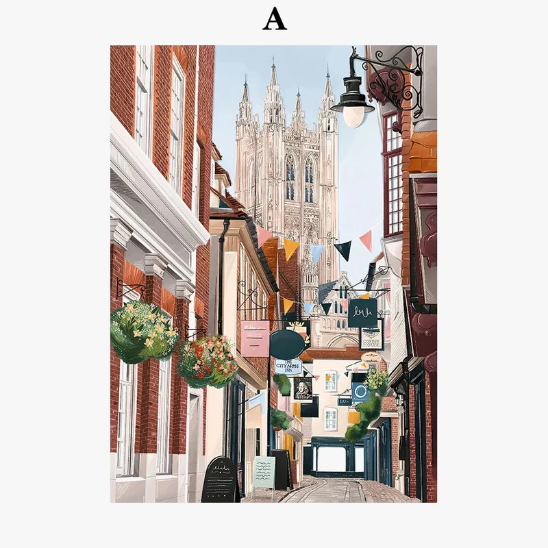 aquarelle ville côtière art mural décor nordique affiche