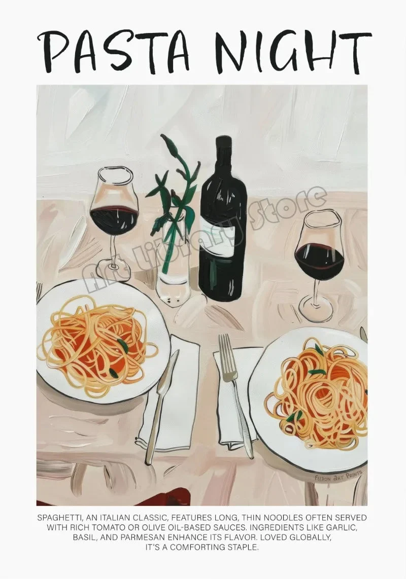 affiche vintage italienne avec spaghetti café et paysage méditerranéen