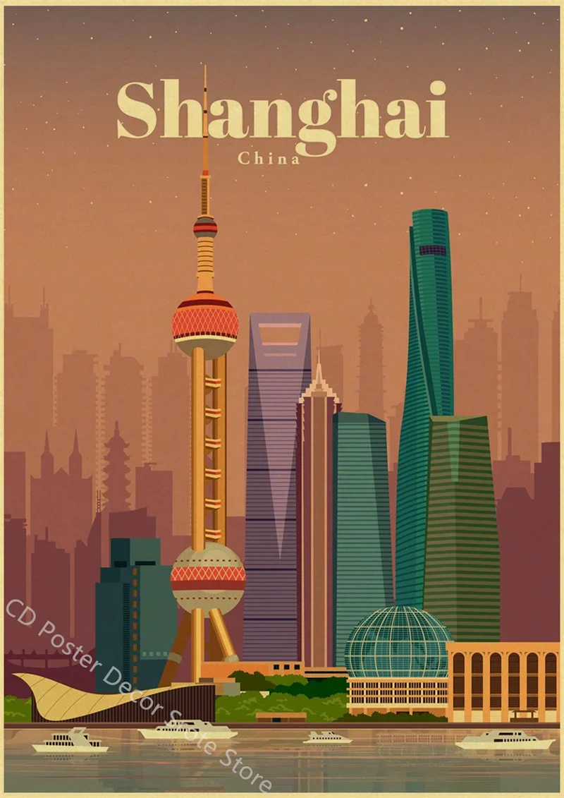 affiche rétro des villes du monde pour décoration murale
