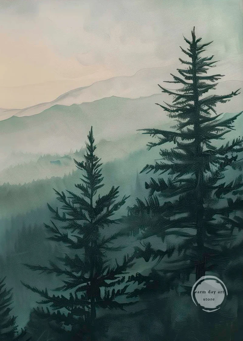 affiche aquarelle paysage de forêt de pins décor mural naturel
