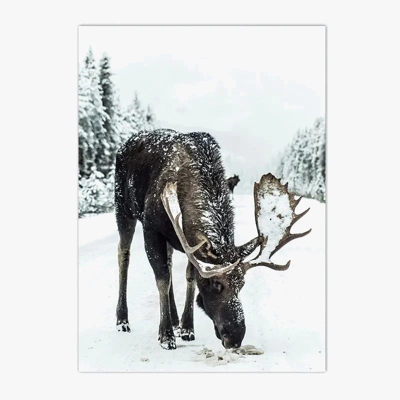 peinture murale forêt enneigée avec animaux nordiques décorative