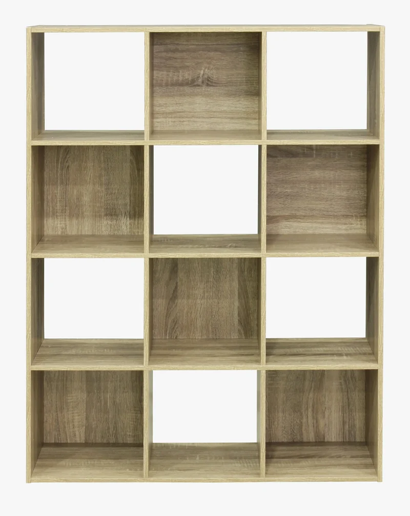 étagère ouverte en bois avec 12 cubes de rangement en chêne