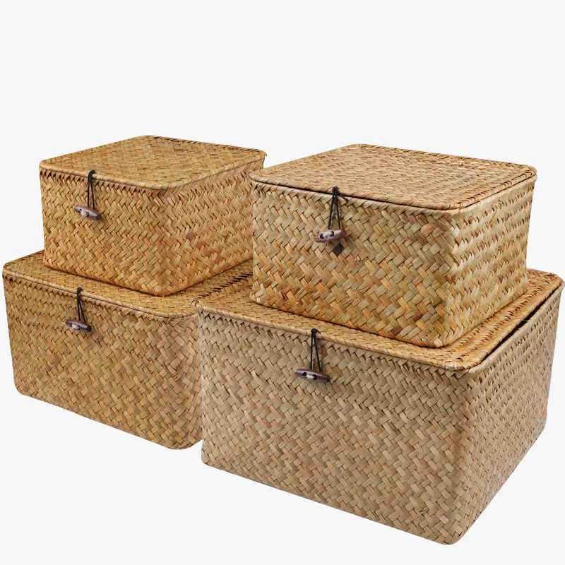 lot de 4 paniers en jonc de mer avec couvercle décoratifs et pratiques