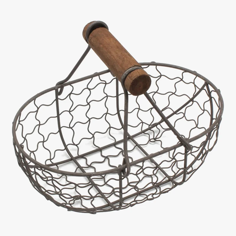 panier rétro en métal avec poignée en bois pour fruits et légumes