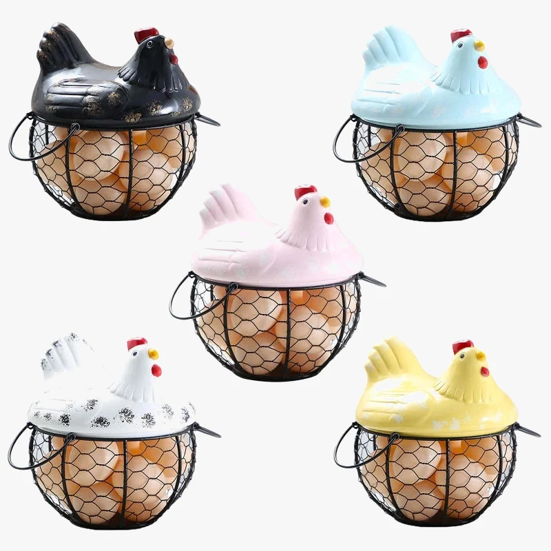 panier en céramique pour œufs et fruits avec poule décorative