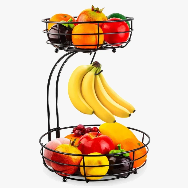 panier à fruits à deux niveaux avec support bananes en métal