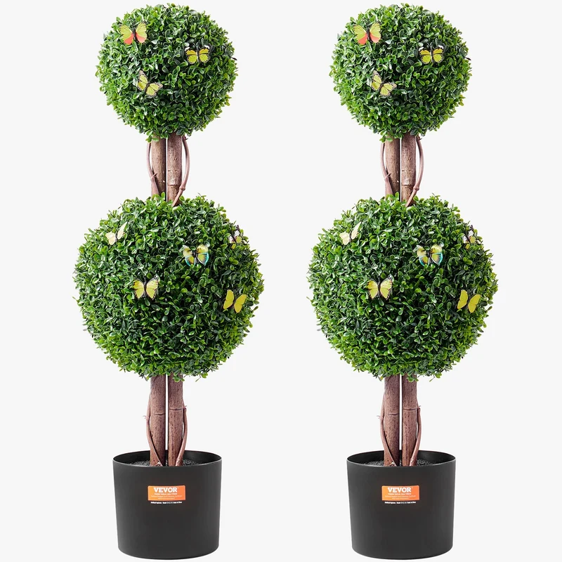 buis artificiel topiaire double boule avec feuillage et pot décoratif